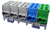 Main Terminal Block Al/Cu HLAK 25-5/10 S, 5x (2x 25/16mm²/ 2x 16/10mm²), 130/100A 1000VAC/DC, 2.5/2Nm, TS35, 3x grey, blue, green