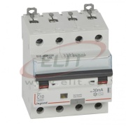 Residual Current Operated Circuit Breaker DX³, 4C 10A 400VAC 6/10kA, 30mA type AC, N right hand, 4M, Legrand