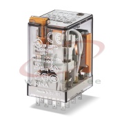 Relay 55.34, 4CO (4PDT) 7A 250VAC, cv 230VAC, lockable test button, flag indicator, PCB mount, TS35 sockets (94.P4/04/54/84.2/94.3/74), Finder