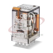 Relay 55.34, 4CO (4PDT) 7A 250VAC, cv 110VDC, lockable test button, flag indicator, PCB mount, TS35 sockets (94.P4/04/54/74/84.2/94.3), Finder