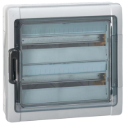 SM Distribution Box Plexo³, 2x 18M, 90A 400VAC, PEN 22^22, reinforced polystyrene ^PC, -25..40°C, incl. 16 cable glands, UV-stable, HF, cl. II, IP65 IK09, transparent^grey