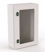 Mild Steel Enclosure E COR, 400Wx400Hx200D, transparent door, mounting plate, 1x gland plate 310x110, 1x lock w. ø3mm double bar key, C3M| epoxy resin layer, IP66 IK10, Nema4, grey