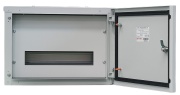 SM Distribution Box JXJ, 1x 18M, 63A 400VAC, 450x255x110mm, top, bottom cable entry plates, galvanised steel sheet, -5..40°C, 1x FL21, Jumax JXJ 18-18, IP44 IK10, MaxPro, pebble grey