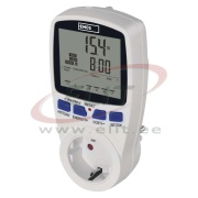 Digital Power Meter P5822, cv 175..276VAC 50Hz, schuko socket 16A 240VAC, measuring 2..3680W / 0..9999kWh / 0s..9999days, kgCO2, T1/T2 power cost, Battery 2x1.5V (LR44/AG13), Emos